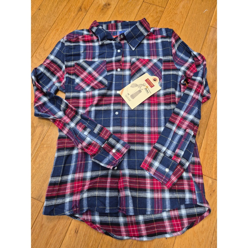Butter Super Soft Kids Large Plaid Flannel Rhinestone Emoji Shirt Navy Red NEW